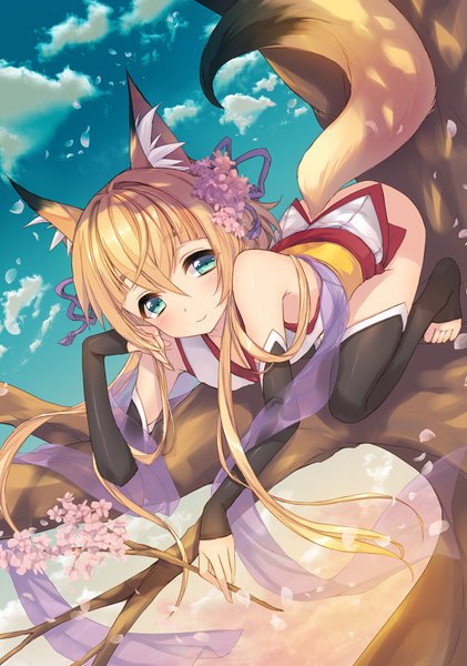 Anime picture 702x1000 with original kyoma single long hair tall image looking at viewer blush fringe light erotic blonde hair smile hair between eyes sitting bare shoulders holding animal ears payot sky cloud (clouds) tail