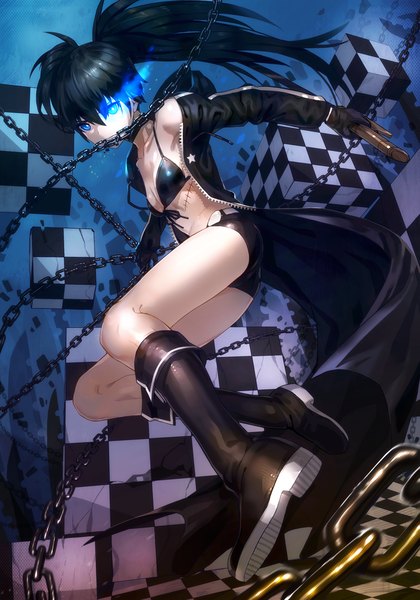 Anime picture 822x1175 with black rock shooter black rock shooter (character) kfr single long hair tall image looking at viewer blue eyes black hair glowing scar glowing eye (eyes) checkered checkered background uneven twintails girl weapon choker shorts boots