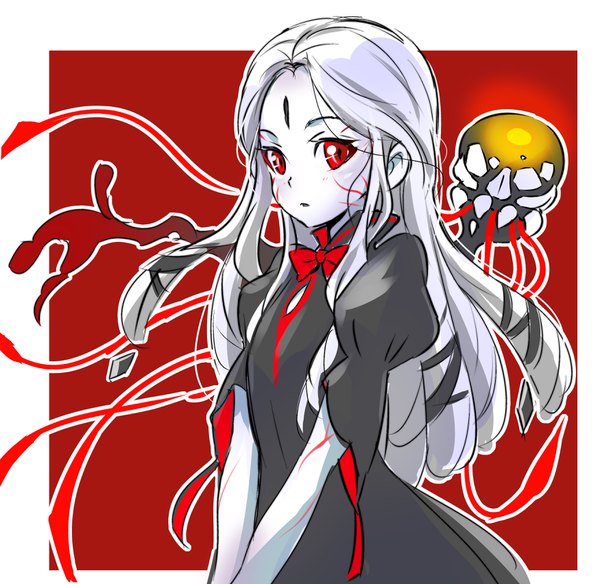 Anime picture 3500x3408 with rwby rooster teeth grimm salem (rwby) iesupa single long hair looking at viewer highres simple background red eyes absurdres silver hair upper body parted lips border red background alternate age white skin outline