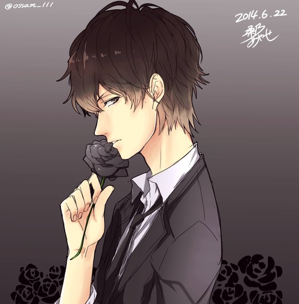 Anime picture 1031x1050 with diabolik lovers idea factory mukami ruki kuwa ayase single tall image looking at viewer short hair simple background brown hair signed upper body profile black eyes gradient background dated boy flower (flowers) rose (roses) black rose