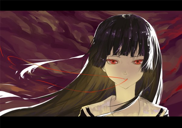 Anime picture 2362x1670 with hell girl studio deen enma ai ryein single long hair looking at viewer fringe highres black hair red eyes holding sky blunt bangs wind mouth hold letterboxed expressionless red sky hime cut
