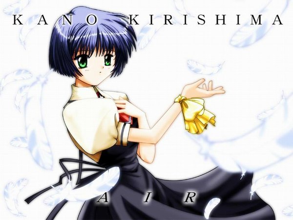 Anime picture 1024x768 with air key (studio) kirishima kano green eyes blue hair visualart serafuku feather (feathers)