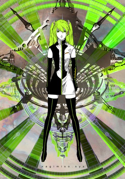 Anime picture 1200x1714 with vocaloid meltdown (vocaloid) hatsune miku nagimiso tall image twintails green eyes signed green hair girl gloves elbow gloves thigh boots