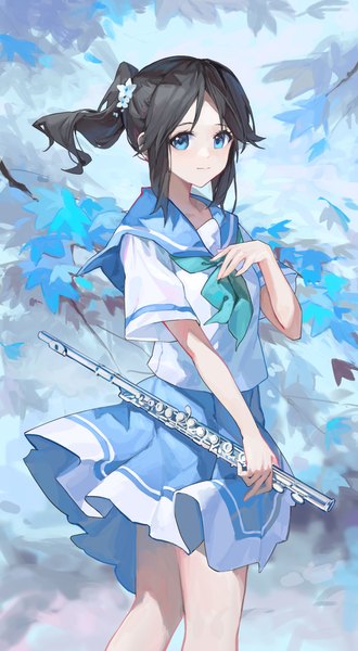 Anime picture 2078x3783 with hibike! euphonium kyoto animation kasaki nozomi sentter single long hair tall image looking at viewer highres blue eyes black hair standing holding payot ponytail pleated skirt hair flower wind short sleeves hand on chest