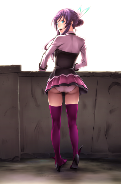Anime picture 1274x1938 with aquarion (series) aquarion evol satelight mikono suzushiro single long hair tall image open mouth blue eyes light erotic purple hair looking back girl thighhighs skirt underwear panties miniskirt