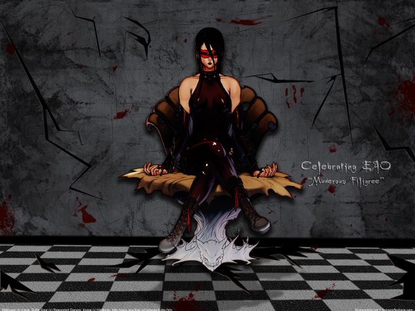 Anime picture 1280x960 with guilty gear eddie single long hair black hair sitting bare shoulders inscription wallpaper lipstick crossed legs checkered floor latex girl blood mask armchair