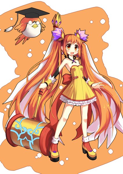 Anime picture 2480x3508 with original hoshi no gen single tall image blush highres smile twintails very long hair multicolored hair two-tone hair orange eyes girl weapon animal glasses headdress bird (birds) huge weapon hammer