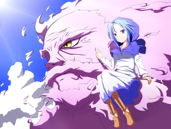 Anime picture 1750x1322 with touhou kumoi ichirin unzan daba (artist) single highres short hair purple eyes blue hair cloud (clouds) girl dress boots