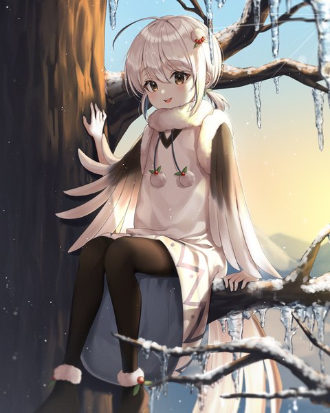 Anime picture 1400x1750 with original ekina (1217) single tall image looking at viewer blush fringe short hair open mouth smile hair between eyes sitting brown eyes payot sky silver hair full body ahoge outdoors blurry