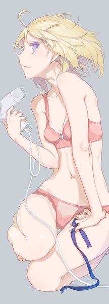 Anime picture 500x1383 with fate (series) fate/stay night type-moon artoria pendragon (all) saber nilitsu single tall image looking at viewer blush short hair light erotic simple background ahoge grey background bare belly underwear only girl underwear panties
