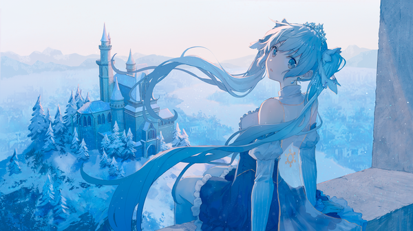 Anime picture 1820x1024 with vocaloid hatsune miku yuki miku yuki miku (2019) yuu mo single looking at viewer fringe highres blue eyes wide image sitting bare shoulders payot sky outdoors very long hair looking back from above wind