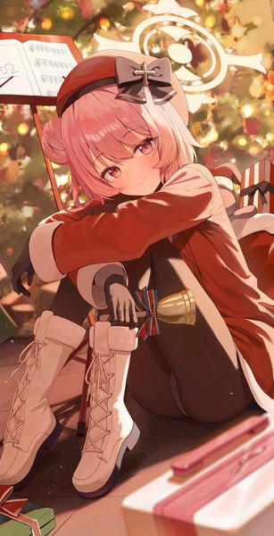Anime picture 1200x2343 with blue archive serina (blue archive) serina (christmas) (blue archive) minn (kangjm1107) single tall image looking at viewer blush fringe short hair light erotic smile hair between eyes sitting pink hair pink eyes hair bun (hair buns) official alternate costume christmas girl