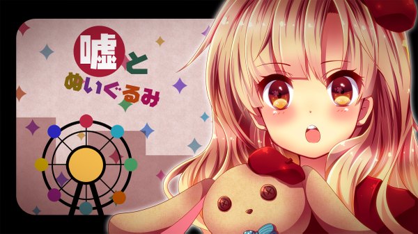 Anime picture 1200x675 with vocaloid mayu (vocaloid) usano mimi urara (sumairuclover) long hair blush open mouth blonde hair wide image orange eyes girl toy stuffed animal