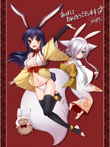 Anime picture 1080x1440 with original konshin long hair tall image looking at viewer blush fringe light erotic red eyes purple eyes multiple girls animal ears blue hair silver hair traditional clothes japanese clothes hair over one eye midriff bunny ears girl