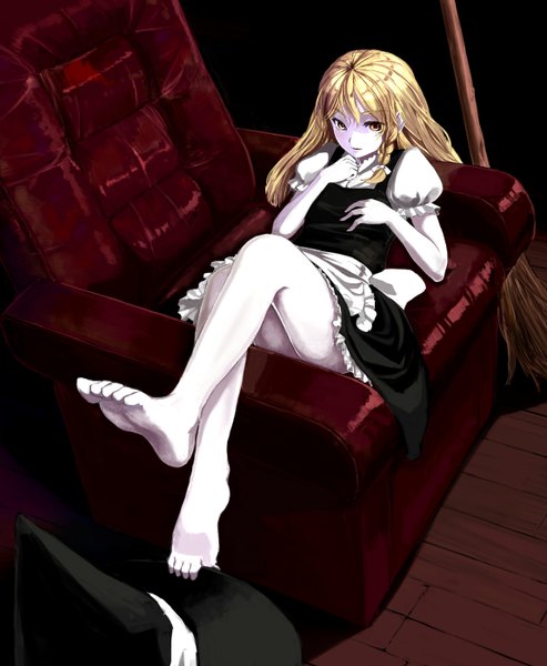 Anime picture 2300x2800 with touhou kirisame marisa ryou@ryou single long hair tall image looking at viewer fringe highres blonde hair yellow eyes braid (braids) parted lips from above maid puffy sleeves hand on chest dark background side braid pale skin