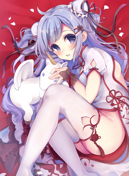 Anime picture 1000x1364 with azur lane unicorn (azur lane) unicorn (spring's present) (azur lane) momoirone single long hair tall image looking at viewer blush light erotic purple eyes purple hair ahoge lying traditional clothes hair bun (hair buns) on side chinese clothes girl thighhighs