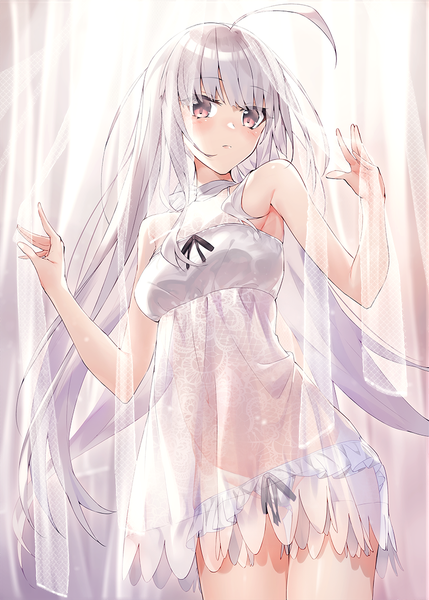 Anime picture 812x1136 with original hayashi kewi single long hair tall image looking at viewer blush fringe breasts light erotic standing bare shoulders brown eyes payot silver hair ahoge arms up depth of field thigh gap floating hair
