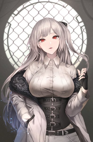 Anime picture 1041x1580 with original limeblock single long hair tall image looking at viewer fringe breasts open mouth red eyes large breasts standing payot long sleeves head tilt grey hair off shoulder open clothes fur trim one side up