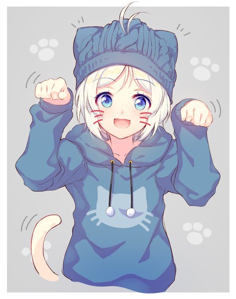 Anime picture 948x1200 with virtual youtuber .live dennou shoujo siro nijihashi sora single tall image looking at viewer short hair open mouth blue eyes silver hair upper body ahoge tail animal tail grey background cat tail border animal print paw pose