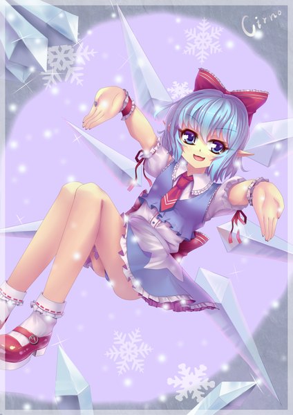 Anime picture 2480x3507 with touhou cirno sonikey0 0 single tall image looking at viewer highres short hair open mouth blue eyes light erotic blue hair pointy ears snowing pantyshot sitting girl bow hair bow wings socks