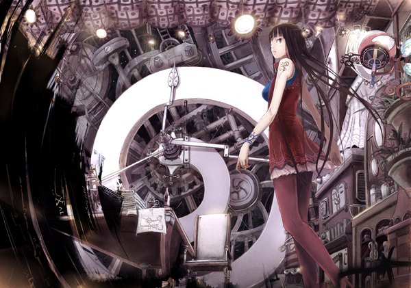 Anime picture 1709x1200 with original moka. tapioka single long hair highres black hair brown eyes tattoo mechanical girl lamp machine