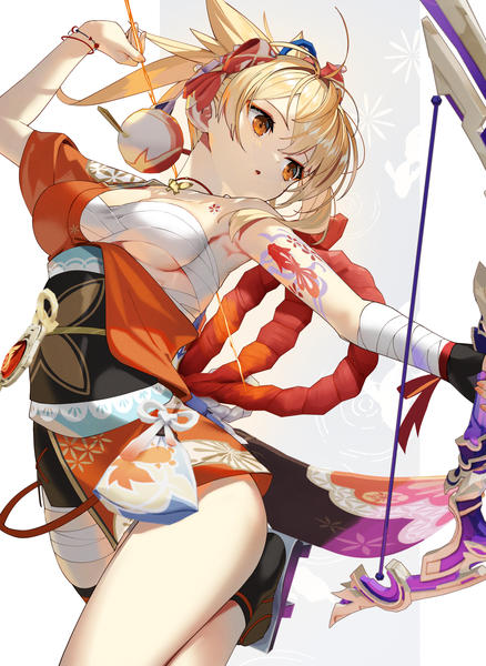 Anime picture 1823x2500 with genshin impact yoimiya (genshin impact) scottie (phantom2) single tall image looking at viewer fringe highres short hair breasts open mouth light erotic simple background blonde hair hair between eyes standing holding looking away nail polish traditional clothes