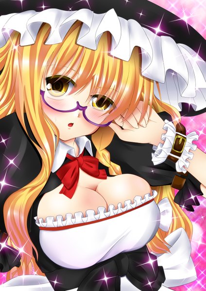 Anime picture 1131x1600 with touhou kirisame marisa fule long hair tall image blush breasts open mouth light erotic blonde hair yellow eyes cleavage sparkle bespectacled girl glasses