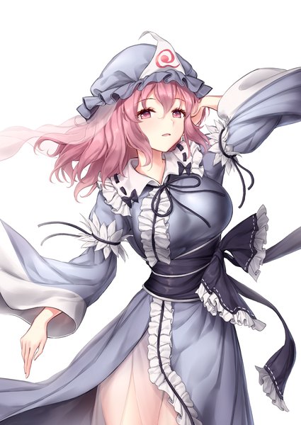 Anime-Bild 900x1271 mit touhou saigyouji yuyuko minust single long hair tall image looking at viewer blush fringe breasts open mouth simple background hair between eyes large breasts white background pink hair long sleeves pink eyes arm up wide sleeves
