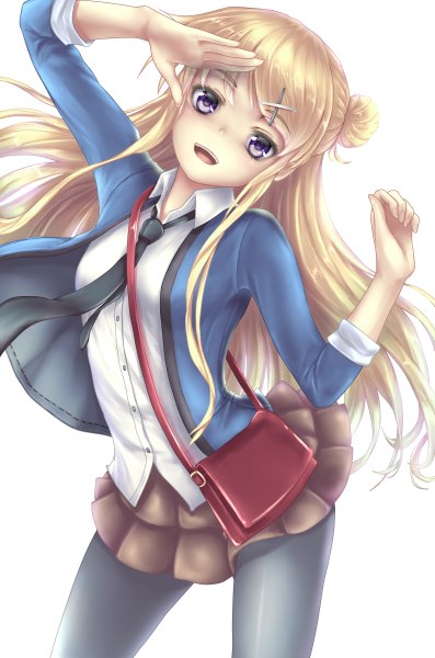 Anime picture 794x1200 with kin-iro mosaic kujou karen kamomen single long hair tall image looking at viewer open mouth simple background blonde hair white background purple eyes girl skirt hair ornament necktie hairclip bag x hair ornament