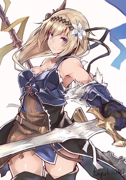 Anime picture 719x1029 with granblue fantasy jeanne d'arc (granblue fantasy) nanahara fuyuki single long hair tall image blush fringe breasts light erotic blonde hair large breasts purple eyes bare shoulders holding signed payot looking away cleavage arm up
