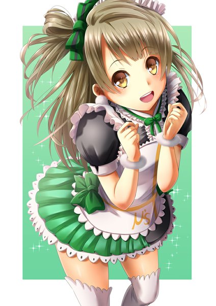 Anime picture 744x1052 with love live! school idol project sunrise (studio) love live! minami kotori fukuma single long hair tall image looking at viewer blush open mouth brown hair yellow eyes maid zettai ryouiki one side up girl thighhighs dress bow