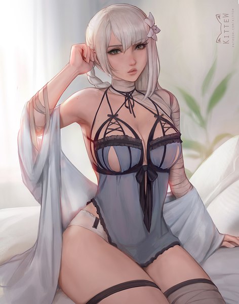 Anime picture 786x1000 with nier kaine (nier) daria leonova single long hair tall image fringe breasts light erotic hair between eyes large breasts sitting signed payot indoors braid (braids) arm up hair flower fingernails blurry