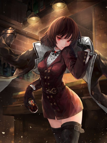 Anime-Bild 3000x4000 mit original crystalherb single tall image fringe highres short hair breasts smile red eyes brown hair standing holding indoors blunt bangs long sleeves arm up brick wall dust formal