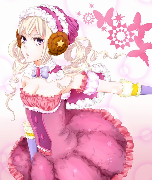 Anime picture 1000x1184 with karneval tsukumo (karneval) fishchan mikanagi touya single long hair tall image looking at viewer fringe open mouth blonde hair purple eyes twintails cleavage drill hair girl dress gloves elbow gloves headdress