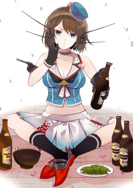 Anime picture 1074x1517 with kantai collection maya heavy cruiser kuso bba single tall image looking at viewer short hair open mouth blue eyes brown hair white background sitting bare shoulders outstretched arm indian style remodel (kantai collection) girl skirt gloves hat