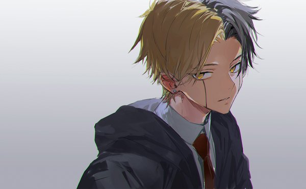 Anime picture 1231x761 with mashle a-1 pictures rayne ames mm39572 single looking at viewer short hair black hair simple background blonde hair wide image yellow eyes upper body multicolored hair grey background two-tone hair boy necktie