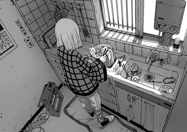 Anime picture 2048x1448 with original omao single highres short hair standing full body indoors long sleeves from above from behind wide sleeves monochrome cooking girl shoes window towel chopsticks slippers