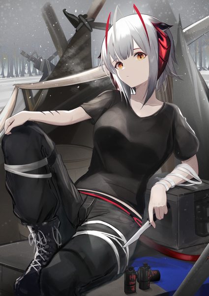 Anime picture 910x1286 with arknights w (arknights) w (fugue) (arknights) nokke o single tall image looking at viewer short hair sitting yellow eyes silver hair ahoge horn (horns) arm support official alternate costume snowing scar girl boots bandage (bandages)