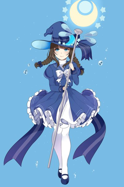 Anime picture 2500x3750 with wadanohara and the great blue sea wadanohara sunnypoppy single long hair tall image looking at viewer highres blue eyes simple background smile brown hair signed full body braid (braids) long sleeves puffy sleeves twin braids blue background girl