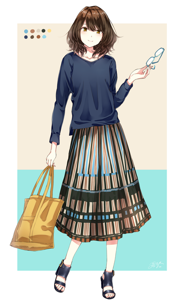 Anime picture 1500x2471 with original dabadhi single tall image looking at viewer short hair brown hair brown eyes full body light smile casual eyewear removed fashion girl skirt glasses bag sandals long skirt