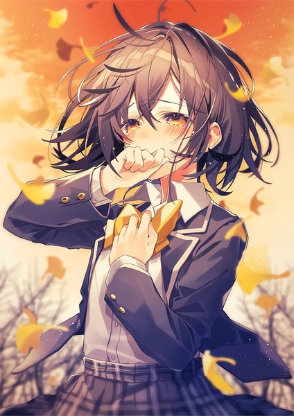 Anime picture 2264x3200 with original oshio (dayo) single tall image blush fringe highres short hair hair between eyes brown hair standing yellow eyes looking away sky cloud (clouds) ahoge outdoors wind depth of field tears