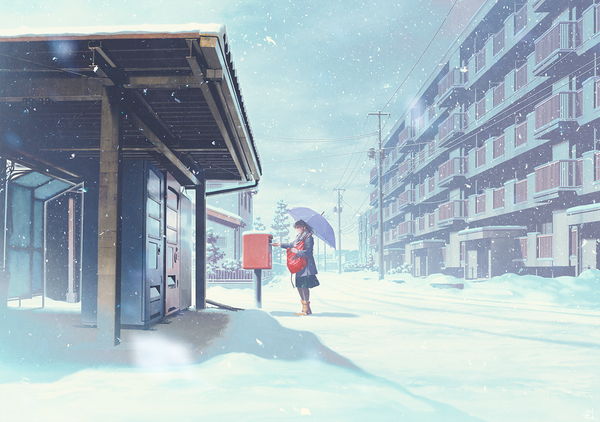 イラスト 1400x986 と オリジナル mocha (cotton) ソロ 長髪 黒髪 立つ holding 空 全身 outdoors プロフィール snowing winter 雪 scenic 女の子 スカート 植物 パンスト 木