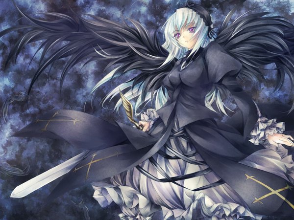 Anime picture 1600x1200 with rozen maiden suigintou black wings lolita fashion goth-loli sword wings