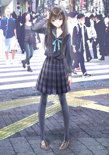 Anime picture 640x905 with blue reflection gust (company) saiki yuri kishida mel long hair tall image looking at viewer fringe brown hair brown eyes full body outdoors blunt bangs pleated skirt arm up light smile city plaid skirt solo focus street