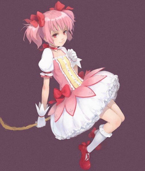 Anime picture 1100x1300 with mahou shoujo madoka magica shaft (studio) kaname madoka kuroko (piii) single tall image looking at viewer blush short hair simple background smile twintails pink hair pink eyes short twintails purple background girl dress gloves bow