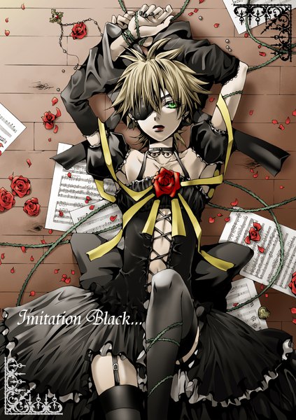 Anime picture 1440x2042 with vocaloid imitation black (vocaloid) kagamine len hakuseki single tall image looking at viewer fringe short hair blonde hair hair between eyes green eyes bent knee (knees) lying pleated skirt from above arms up on back crossed arms floor