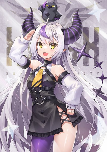 Anime picture 724x1024 with virtual youtuber hololive la+ darknesss la+ darknesss (1st costume) crow (la+ darknesss) omgamilla single tall image open mouth light erotic yellow eyes silver hair ahoge tail very long hair :d multicolored hair horn (horns) pointy ears streaked hair