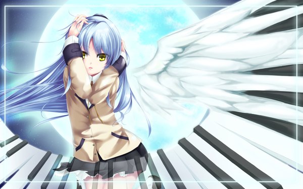 Anime picture 1680x1050 with angel beats! key (studio) tachibana kanade akagi yuu (artist) single looking at viewer wide image yellow eyes silver hair parted lips hands on head girl skirt wings moon musical instrument piano