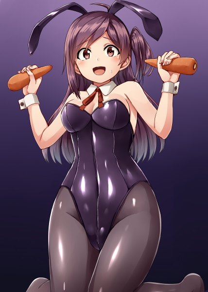 Anime picture 856x1200 with kantai collection hagikaze (kantai collection) kamelie single long hair tall image looking at viewer blush fringe breasts open mouth light erotic simple background smile bare shoulders holding brown eyes animal ears :d bunny ears