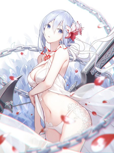 Anime picture 1200x1600 with sinoalice snow white (sinoalice) quan (kurisu tina) single long hair tall image looking at viewer fringe breasts open mouth blue eyes light erotic simple background hair between eyes standing white background bare shoulders cleavage silver hair head tilt